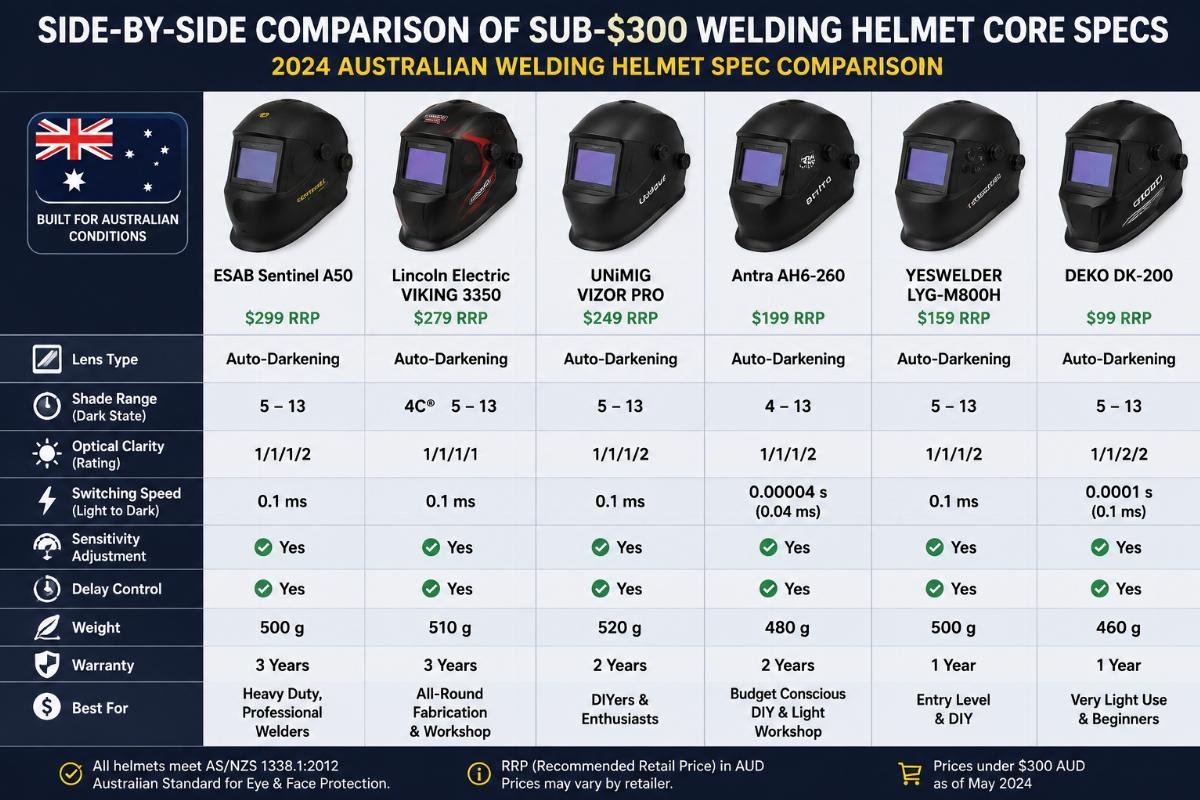 2024 Australian welding helmet spec comparison Side-by-side comparison of sub-$300 welding helmet core specs