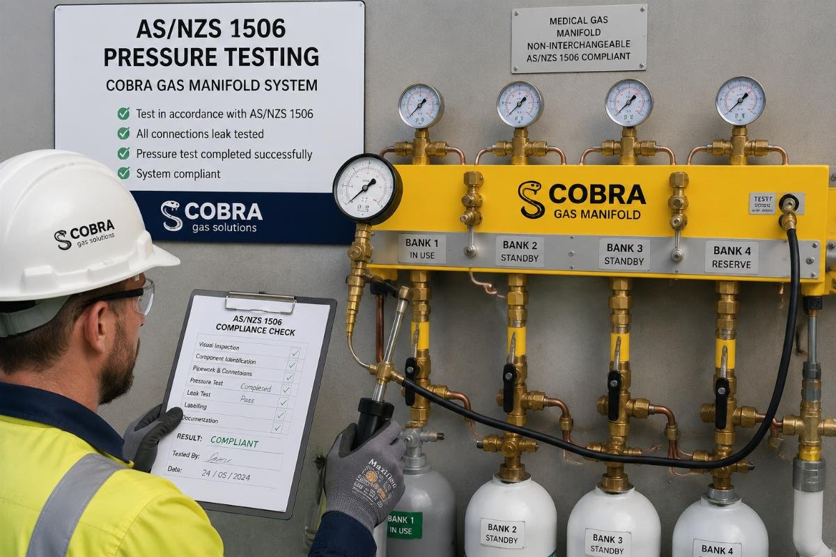 AS/NZS 1506 compliance check for COBRA manifold AS/NZS 1506 pressure testing being conducted on a COBRA gas manifold system