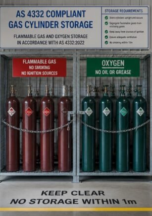 A neatly organised AS4332-compliant gas cylinder storage zone in an Australian automotive workshop