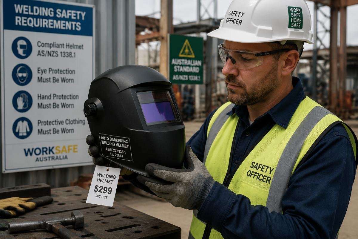 Industrial welding helmet safety compliance Australia Industrial safety officer inspecting a sub-$300 welding helmet on a work site
