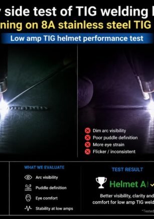 Side by side test of TIG welding helmets running on 8A stainless steel TIG arcs